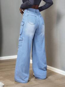 SHEIN Slayr 女式多口袋做旧宽腿宽松牛仔裤 - 藍色 - 查看 2