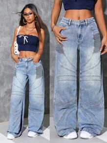 INAWLY Women Pocketed Wide Leg Loose Casual Versatile Denim Jeans - Dark Wash - View 5