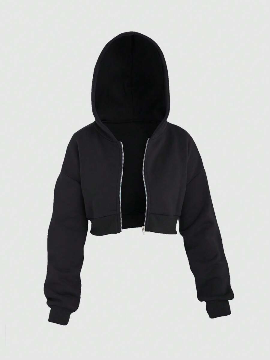 Sweetra 女士前拉链长袖简约短款连帽卫衣，休闲日常穿着，长袖上衣，适合毕业季、返校季、毕业典礼、教师节等场合，秋季返校套头衫。 - 黑色 - 查看 1