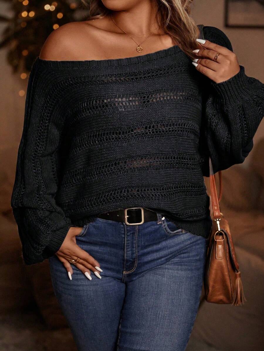 EMERY ROSE Plus Pointelle Knit Boat Neck Batwing Sleeve Sweater Knit Pullover Fall Winter Outfit Autumn