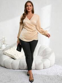 EMERY ROSE Plus Size Women Champagne Wrap Twist Lantern Sleeve Elegant Blouse,Fall Women Shirts,Long Sleeve Women Blouses