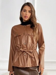 SHEIN Clasi Veste en PU marron rétro, chaude, avec col rond, épaule tombante, taille cintrée, coupe slim, poche poitrine et boutons décoratifs, pour femmes, pour l'automne/hiver - Tabac - Voir 6