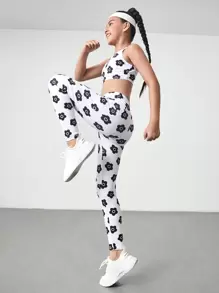 SHEIN Conjunto de 2 piezas de top de tirantes y leggings con estampado floral transpirable y que absorbe la humedad, adecuado para gimnasia, yoga, danza y deportes, para niñas preadolescentes, apto para todas las estaciones