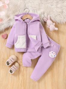 Baby Girl Winter Casual Cute & Lively Warm Contrast Fuzzy Zip-Up Hoodie And Cozy Sweatpants Set With Dog Paw Decor, For Everyday Wear, Winter Clothes