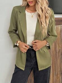 SHEIN LUNE Women's Casual Long Sleeve Suit With Ruched Cuffs And Pockets, Army Green - Army Green - View 6