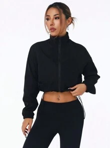 SHEIN Sports Casual Solid Color Stand Collar Drawstring Hem Sport Jacket - Black - View 1