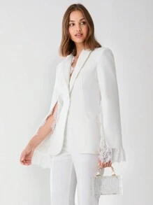 Enchnt Áo khoác blazer ren trơn màu thanh lịch dành cho nữ - trắng - Xem 5