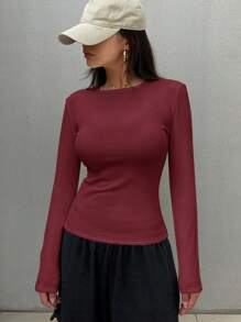 DAZY 女士纯色圆领长袖休闲保暖修身T恤，秋冬季保暖款 - 酒紅色 - 查看 6