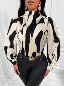 Zolique Áo sơ mi đi làm cổ đứng thanh lịch dài tay cho nữ (In ngẫu nhiên) - Màu be - Xem 3