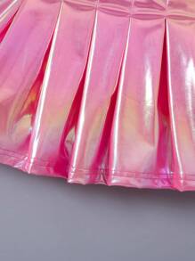SHEIN Explorewe 年轻女孩 Y2K 风格彩色笑脸图案运动衫和金属粉色褶皱迷你裙 2 件套服装，适合秋季、冬季、日常穿着、派对、运动、街头装 - 白色 - 查看 5