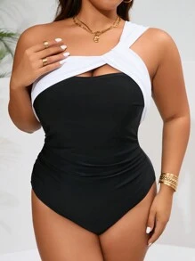 SHEIN Swim Curve 大码女式夏季海滩度假拼色无袖镂空连体泳衣 - 黑與白 - 查看 1