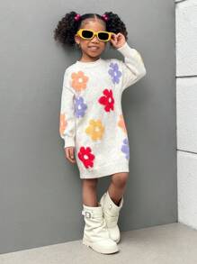 SHEIN Young Girl Multi-Color Floral Knitted Sweater Dress, Sweater Dress For Girls, Flower Sweater Girls, Young Girls Floral Print, Young Girls Flower Dress Autumn Fall - Multicolor - View 8