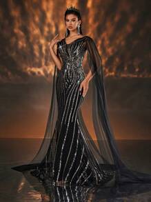 SHEIN Belle Elegante y hermoso vestido largo de gasa con cuello en V, con mangas largas, con diseño de flores de lentejuelas negras de lujo, apropiado para bodas, eventos, fiestas, ceremonias de graduación, cenas de gala (estilo de industria pesada), vestido de invitada de boda, vestido de noche formal - Negro - Ver 6