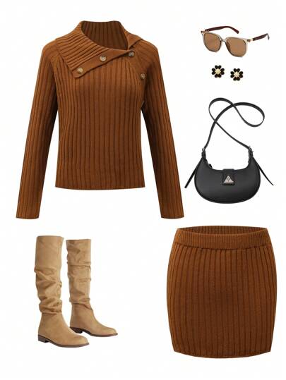 Teen Girl Solid Color Button-Front Long Sleeve Sweater And Mini Skirt Casual Outfit