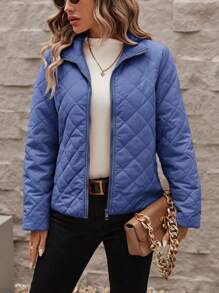 SHEIN LUNE 女式菱形绗缝轻质立领拉链夹克外套 - 藍色 - 查看 4