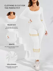 Seamluxe SHEIN Sport Damen einfarbiger Crew-Neck Langarm Alltagsfitness Jumpsuit