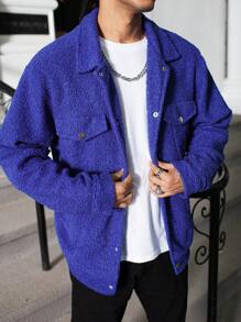 Manfinity Homme Herren Jacke mit einfarbigem Front-Knopf und Tasche, schlichte Lässig Jacke, Ausgeh-Thermojacke mit langen Ärmeln, für Schule, Freunde, Ehemann, Freund als Geschenk