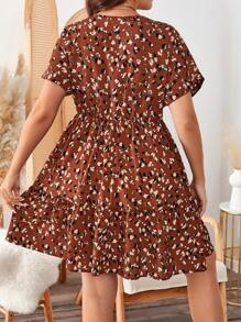 SHEIN LUNE Plus Size V-Neck Polka Dot Ditsy Floral Mini Dress - Brown - View 2