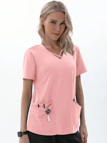 TaskEZ Women Scrub Uniforms Top 4-Pocket Crisscross Scrub Uniform Top