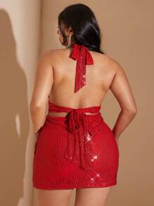 SHEIN BAE Plus Size Women's Red Solid Color Autumn And Winter Party Date Graduation Dress With Tassel Sparkling Sequins Halloween Elegant Suspender V-Neck Halter Sweet Hot Girl Mini Dress - Red - View 2