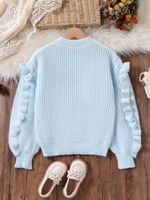 SHEIN Tween Girls Sweaters Fashion Elegant Minimalist Beaded Ruffle Hem Pullover Warm Crew Neck Knit Tops For Winter - Baby Blue - View 2