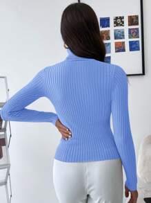 EURMUSE Turtleneck Ribbed Knit Sweater - Blue - View 2
