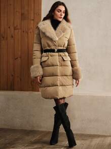 Anewsta Áo khoác nữ cổ lông dày dài vừa phải đa năng - màu nâu - Xem 3