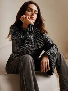 Anewsta Gradient Silver Foil Jumper In Black, Knit Pullover Fall Winter - Black - View 3