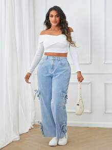 SHEIN Essnce Plus Size Women Cargo Pockets Straight Leg Loose Casual Versatile Denim Jeans - Dark Wash - View 3