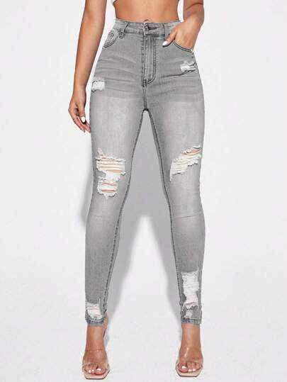 Selenza Front Button Pocketed Distressed Raw-Edge Casual Denim Pants