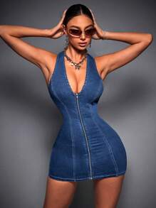 SHEIN ICON Women's Fashionable Backless Zip-Up Bodycon Denim Slip Dress - Medium Wash - View 4