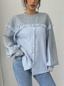 Chiquease Women's Striped Shirt Patchwork Frill Trim Casual Sweatshirt (Random Print) - Multicolor - View 6