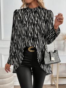 EMERY ROSE Long Sleeve Stand Collar Allover Print Casual Shirt - Black and White - View 1