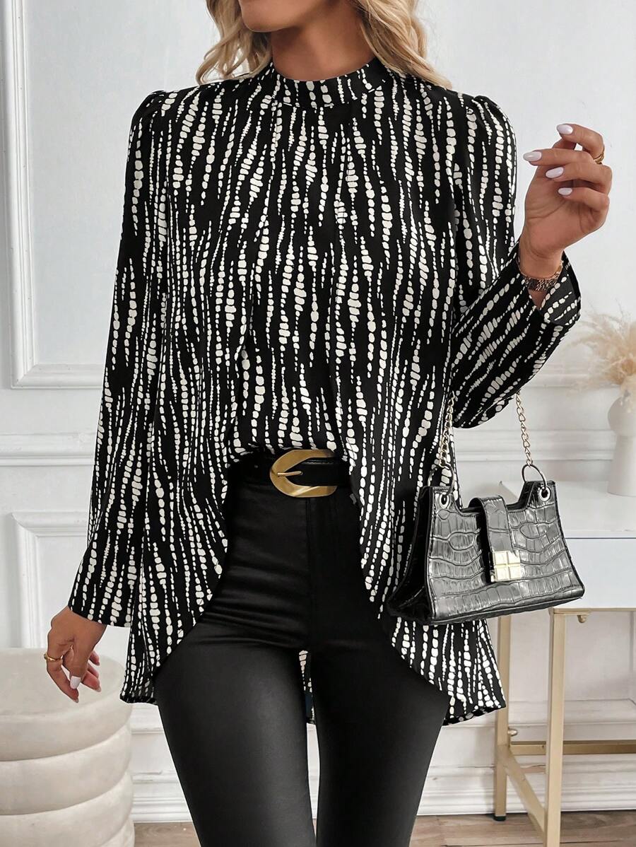 EMERY ROSE Long Sleeve Stand Collar Allover Print Casual Shirt - Black and White - View 1