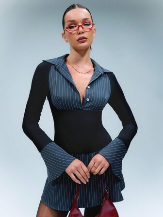 TypaGal Color Block Stripe Spliced Oversized Cuff Long Sleeve Shirt Dress,Valentines Outfit