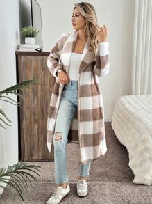 SHEIN LUNE Chaqueta de punto a cuadros de largo medio y casual regular para mujer, para otoño e invierno - Albaricoque - Ver 1