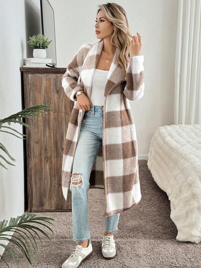 SHEIN LUNE Chaqueta de punto a cuadros de largo medio y casual regular para mujer, para otoño e invierno