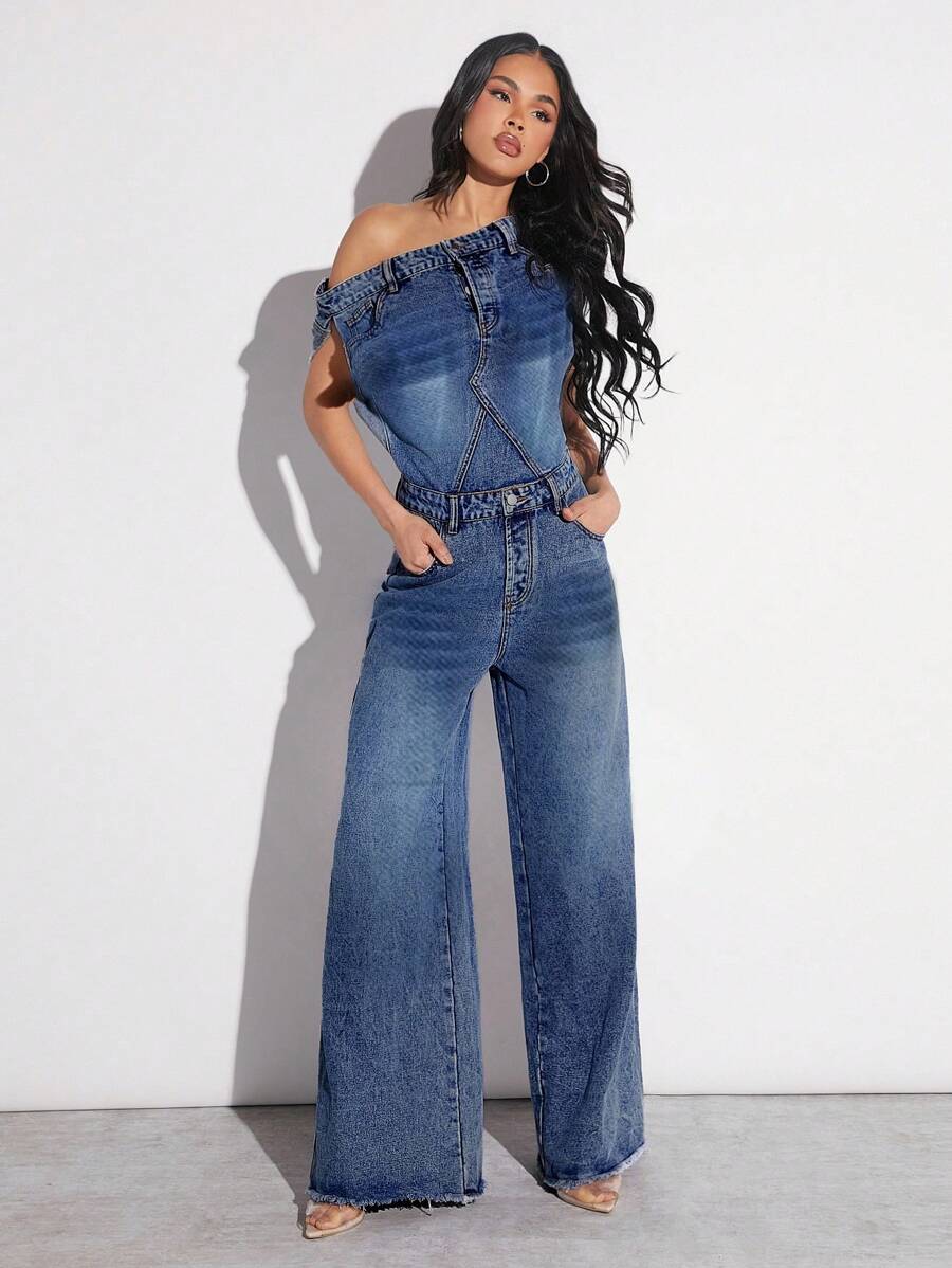 Denimoi Stacked Wide Leg Denim Jumpsuit - Dark Wash - View 1