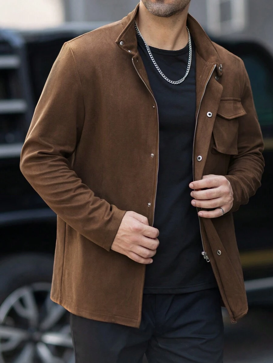 Manfinity Homme Jaqueta casual masculina de manga longa com cor sólida e bolsos, para primavera e outono