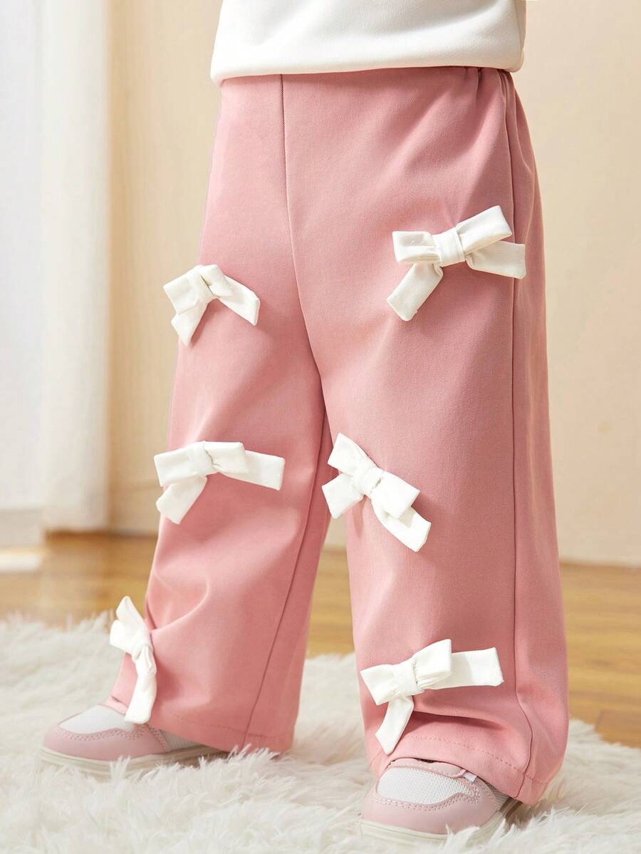SHEIN Baby Girl Cute Pink Bow Elastic Waist Pants, Autumn/Winter