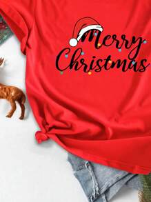 SHEIN EZwear Plus Size Christmas Tshirts Casual Simple Marry Christmas Santa Hat Crew Neck Short Sleeve Extremely Loose T-Shirts - Red - View 4