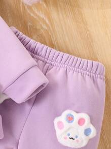 Baby Girl Winter Casual Cute & Lively Warm Contrast Fuzzy Zip-Up Hoodie And Cozy Sweatpants Set With Dog Paw Decor, For Everyday Wear, Winter Clothes