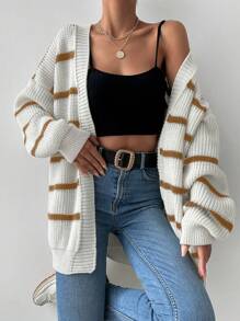 SHEIN Women's Casual Loose Contrast Stripe Open Cardigan, Autumn