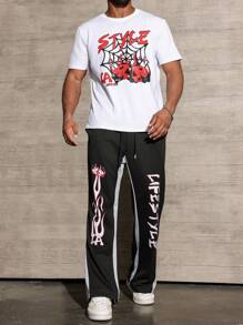 Manfinity Homme 2pcs Men's Plus Size Crew Neck Short Sleeve Letter Print Simple T-Shirt And Pants Set - Multicolor - View 3