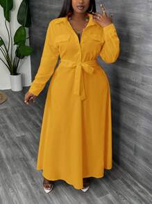Slaydiva Jesienne stroje Sukienka nauczycielska Commuter Elegance damska Plus Size Maxi Sukienki damskie Długa sukienka w stylu koszuli w kształcie litery A w kolorze białym - z paskiem w talii - Żółty - Zobacz 8