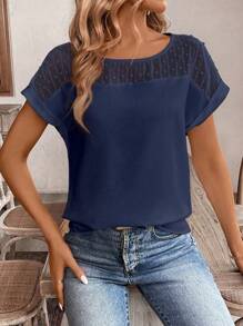 EMERY ROSE 女式夏季网眼撞色圆领蝙蝠袖短袖休闲衬衫