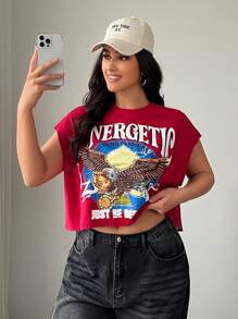 SHEIN EZwear CURVE Camiseta de unicolor con gráfico de águila para mujer talla grande - Burdeos - Ver 3
