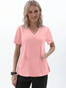 TaskEZ Women Scrub Uniforms Top 4-Pocket Crisscross Scrub Uniform Top