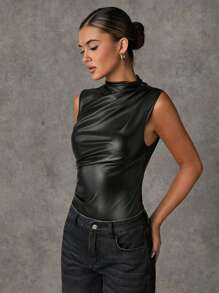 SHEIN BAE Black PU Leather Sleeveless Open Shoulder Ruched Bodysuits, Autumn - Black - View 5