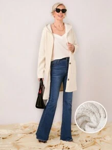 SHEIN LUNE 女式纯色落肩长袖长连帽休闲羊毛夹克，秋冬 - 杏色 - 查看 8